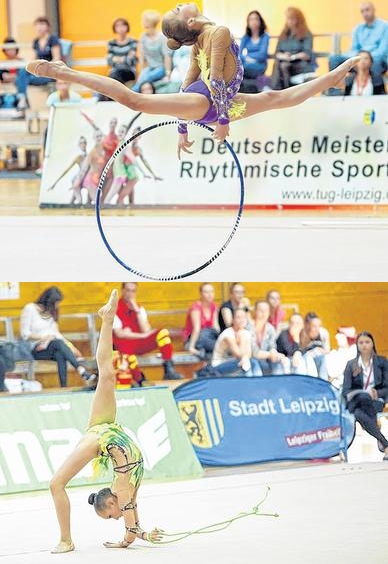 Runde Sache: TuG-Gymnastin Anna-Lisa Haaße bei ihrer Reifenübung (Bild oben). Bewegte Perspektive: Michelle Kolensky mit dem Seil (Bild unten). Runde Sache: TuG-Gymnastin Anna-Lisa Haaße bei ihrer Reifenübung (Bild oben). Bewegte Perspektive: Michelle Kolensky mit dem Seil (Bild unten).