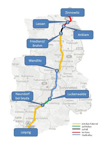Eine sportliche Tour von Leipzig nach Zinnowitz. In der Grafik werden die sieben Etappen vorgestellt.