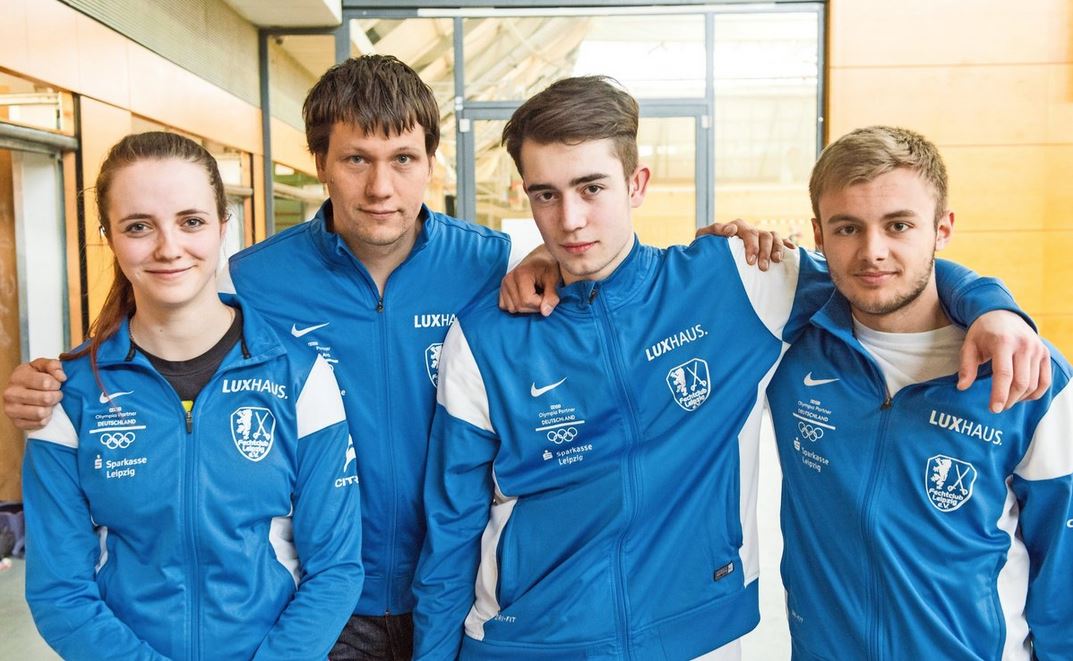 Bereit für den Titelkampf: Leonie Strecker, Trainer Jörg Fiedler, Artur Fischer, Niclas Helbig (v. l.) vom FCL.