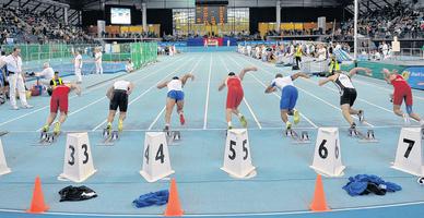 60-Meter-Sprintstart beim 12. Hallensportfest von Motor Gohlis-Nord in der Arena Leipzig. 60-Meter-Sprintstart beim 12. Hallensportfest von Motor Gohlis-Nord in der Arena Leipzig.