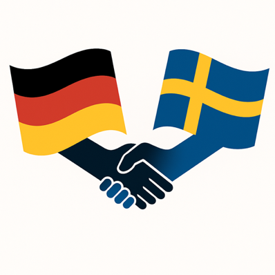 Grafik: Handschlag mit zwei Länderflaggen, Schweden und Deutschland.