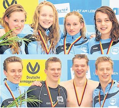 Staffelsilber für Caroline Pohle, Marie Pietruschka, Saskia Donat, Bianca Bogen (v.l.). Staffelsilber für Max Wehenkel, Michel Ullrich, Serghei Golban, Tobias Horn (v.l.). Staffelsilber für Caroline Pohle, Marie Pietruschka, Saskia Donat, Bianca Bogen (v.l.). Staffelsilber für Max Wehenkel, Michel Ullrich, Serghei Golban, Tobias Horn (v.l.).