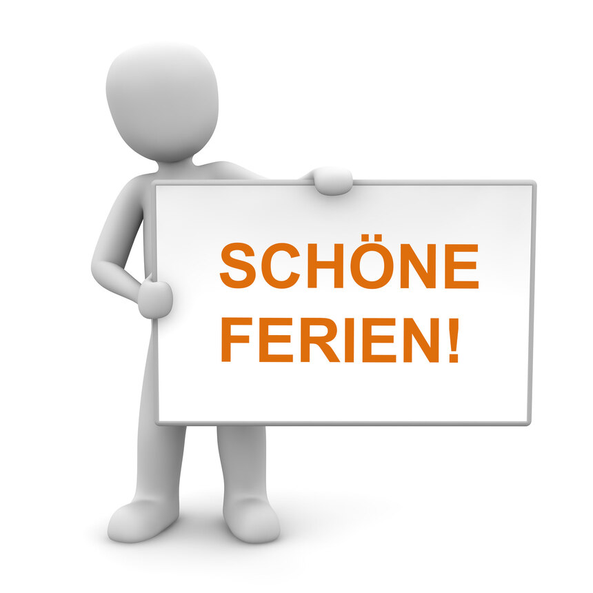 Grafik: 3-D-Figur hält Schild mit Schriftzug "Schöne Ferien!" nach oben.